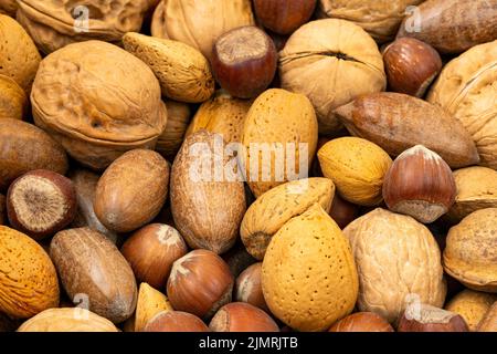 Assortment of nuts in shells Stock Photo