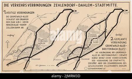 Jansen Hermann (1869-1945), expert opinion on the project of the district office in Berlin-Zehlendorf for the designation of an additional traffic road from Zehlendorf towards Berlin-Mitte (June 5, 1934): comparison of old and new connection, 2 site plans 1: 27500. Ink on transparent, 46.3 x 83.3 cm (including scan edges) Jansen Hermann  (1869-1945): Gutachten zum Projekt des Bezirksamtes Berlin-Zehlendorf zur Ausweisung einer zusätzlichen Verkehrsstraße von Zehlendorf Richtung Berlin-Mitte Stock Photo