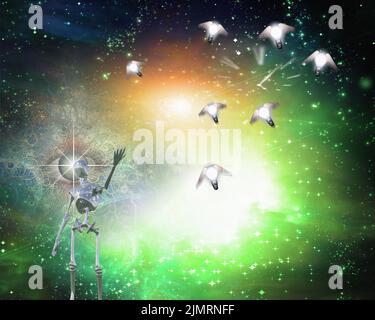 Alien bringing ideas in universe. 3D rendering Stock Photo