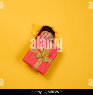 Female hand holds a box with a gift on a yellow background, part of the body sticks out of a torn hole in a paper background. Co Stock Photo