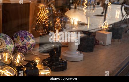 LED modern lights and bulbs on display in store lighting department. Stock Photo