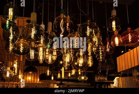 LED modern lights and bulbs on display in store lighting department. Stock Photo