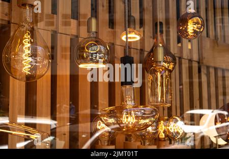 LED modern lights and bulbs on display in store lighting department. Stock Photo
