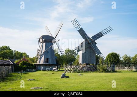 Typical wooden windmills of Estonian  countryside. Historical farm architecture. Stock Photo