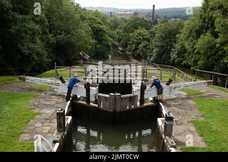 The Bingley Five Rise Locks along the Leeds and Liverpool canal in Yorkshire. Stock Photo