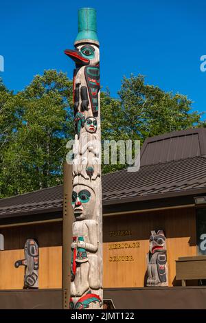 Detail of the Native Alaskan totem pole called The Fog Woman Pole, outside the Totem Heritage Center in Ketchikan, Alaska. Stock Photo