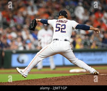 Houston Astros pitcher Bryan Abreu celebrates at the end of a