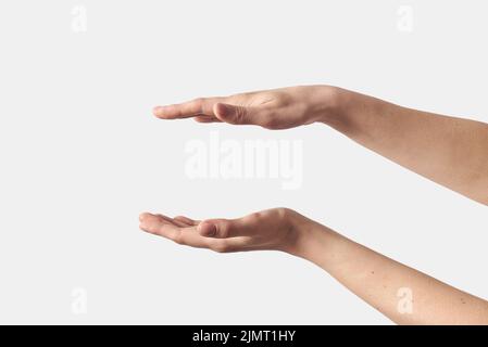 Two female open hands gesturing on white. Stock Photo