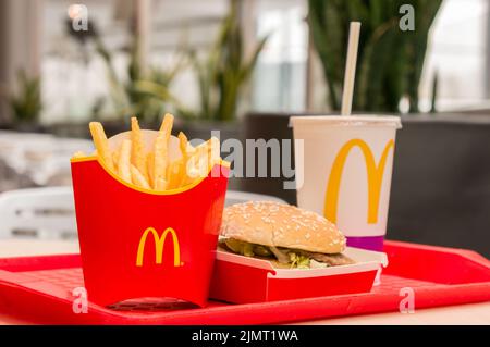 Moscow, Russia, March 15 2018: McDonald's Big Mac hamburger menu, French Fries and Coca Cola Stock Photo