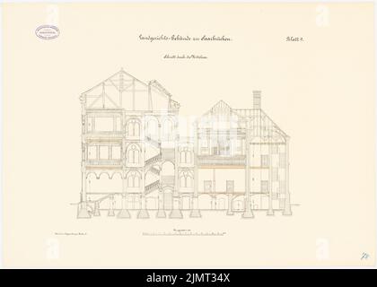 Unknown architect, district court, Saarbrücken (approx. 1886): Cut through central axis 1: 100. Lithograph colored on paper, 50.7 x 71 cm (including scan edges) N.N. : Landgericht, Saarbrücken Stock Photo