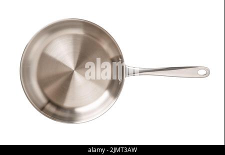 Empty stainless steel skillet isolated on a white background. New frying pan of 18/10 chrome nickel steel cutout. Modern inox cookware. Metal frypan. Stock Photo