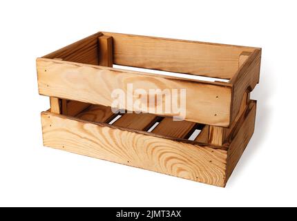 Wood box with handles cutout. Vintage wooden crate for folders isolated on a white background. Rustic style magazine crate. Container from pine boards Stock Photo