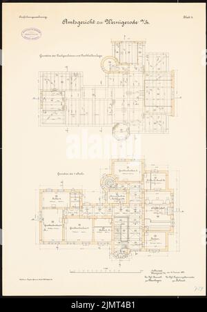 Unknown architect, district court and prison in Wernigerode (January 15, 1894): floor plan upper floor, attic with beam position 1: 100. Lithograph colored on cardboard, 67.3 x 46.8 cm (including scan edges) N.N. : Amtsgericht und Gefängnis, Wernigerode Stock Photo