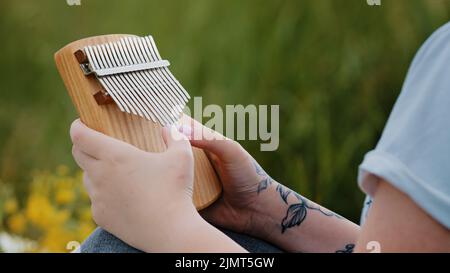 Close up human hands of female unknown musician woman girl hipster playing on exotic traditional african musical wooden instrument Kalimba Mbira relax Stock Photo