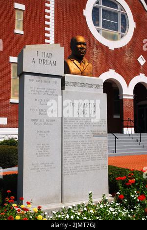 A sculpture and memorial to Martin Luther King, at the Brown AME Baptist Church in Selma Alabama, notes the starting point of the Civil Rights March Stock Photo