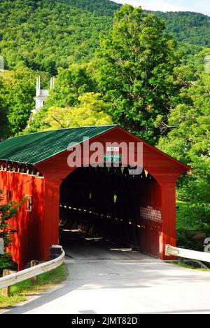 The Charming Red Covered Bridge in the Small Village of Arlington, Vermont Stock Photo