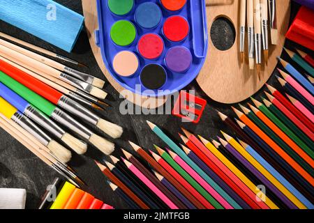 Composition with school accessories for painting and drawing. Stock Photo