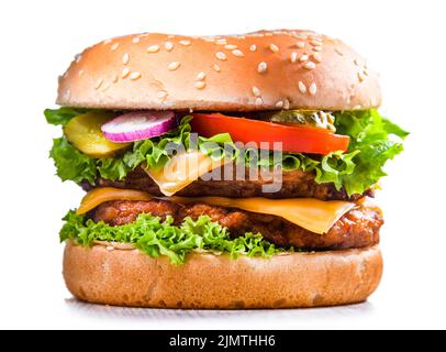 Hamburger with cheese and fresh vegetables isolated on white Stock Photo