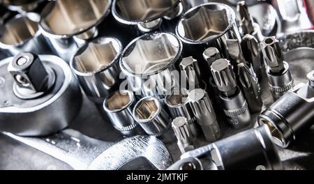 Composition with a variety of metal tools. Stock Photo