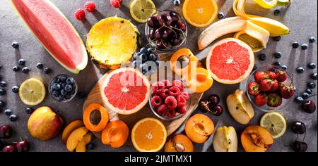 Composition with a variety of fresh culinary fruits Stock Photo