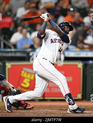 Houston Astros left fielder Yordan Alvarez (44) hits in the bottom of the  first inning against the Seattle Mariners, Wednesday, May 4, 2022, in  Houston, Texas. The Astros beat the Mariners 7-2. (