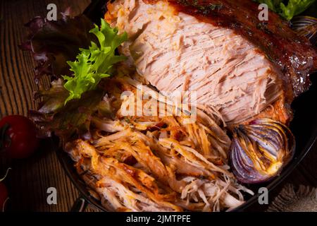 Tasty pulled pork wrap with vegetables. Stock Photo