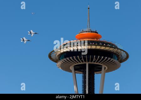 Seattle, USA. 7th Aug, 2022. The Blue Angels fly past the Space Needle ...