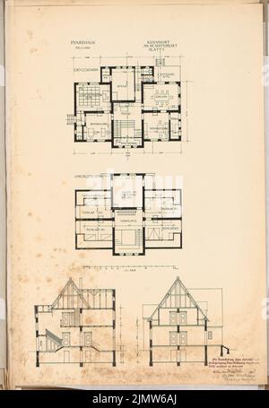 Kassbaum Gustav (1878-1929), village complex. Schinkel competition 1908 (March 20, 1908): rectory. Floor plans, cuts 1: 100. Ink on cardboard, 66.5 x 45.9 cm (including scan edges) Kassbaum Gustav  (1878-1929): Dorfanlage. Schinkelwettbewerb 1908 Stock Photo