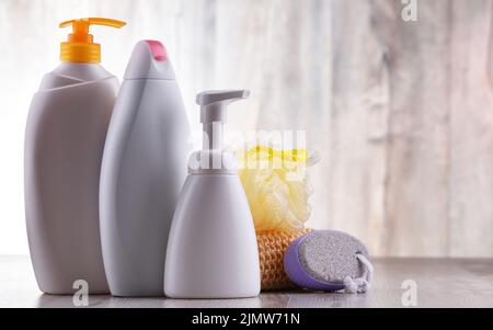 Plastic contaiers of shampoos and shower gels Stock Photo