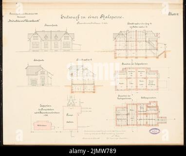 Wood Nicolaus, dam. Schinkel competition 1895 (March 15, 1895): Civil servant residential building. Views, floor plans, cuts 1: 100, site plan 1: 250. Ink, ink colored, watercolor on cardboard, 52.7 x 67 cm (incl. Scan edges) Holz Nicolaus : Talsperre. Schinkelwettbewerb 1895 Stock Photo