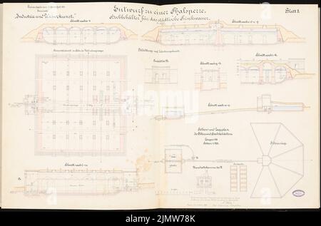 Wood Nicolaus, dam. Schinkel competition 1895 (15.03.1895): City tank for urban drinking water: cuts, floor plans, views 1: 100, height and location plan 1: 500 (lengths), 1: 200 (heights). Ink, ink colored, watercolor on cardboard, 66.9 x 101.3 cm (including scan edges) Holz Nicolaus : Talsperre. Schinkelwettbewerb 1895 Stock Photo