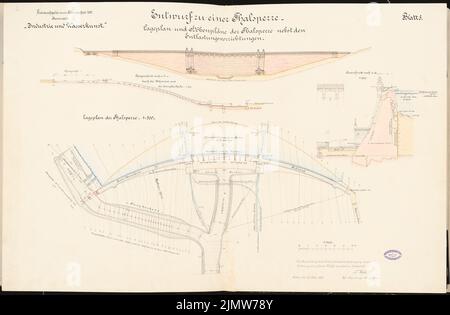 Wood Nicolaus, dam. Schinkel competition 1895 (15.03.1895): dam (cuts 1: 500, 1: 200), site plan 1: 500. Ink, ink colored, watercolor on cardboard, 66.3 x 101.1 cm (including scan edges) Holz Nicolaus : Talsperre. Schinkelwettbewerb 1895 Stock Photo