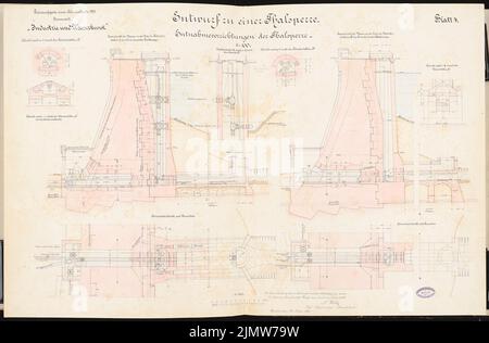 Wood Nicolaus, dam. Schinkel competition 1895 (March 15, 1895): Withdrawal devices: cuts, floor plans 1: 100. Ink, ink colored, watercolor on cardboard, 66.8 x 101.6 cm (including scan edges) Holz Nicolaus : Talsperre. Schinkelwettbewerb 1895 Stock Photo