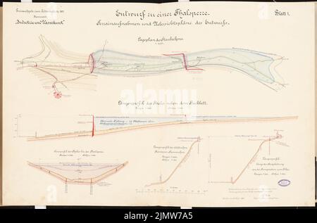 Wood Nicolaus, dam. Schinkel competition 1895 (15.03.1895): Depending plan 1: 5000, length profiles and cross profile 1: 5000 (length), 1: 500 (heights). Ink, ink colored, watercolor on cardboard, 66.5 x 100.8 cm (including scan edges) Holz Nicolaus : Talsperre. Schinkelwettbewerb 1895 Stock Photo