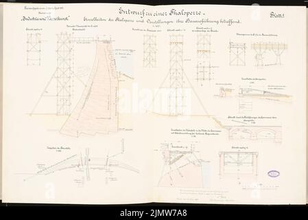 Wood Nicolaus, dam. Schinkel competition 1895 (15.03.1895): bulky walls and scaffold constructions (cuts, floor plans 1: 100, 1:50, site plan 1: 1000). Ink, ink colored, watercolor on cardboard, 67.4 x 100.7 cm (including scan edges) Holz Nicolaus : Talsperre. Schinkelwettbewerb 1895 Stock Photo