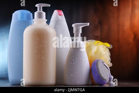 Plastic contaiers of shampoos and shower gels Stock Photo