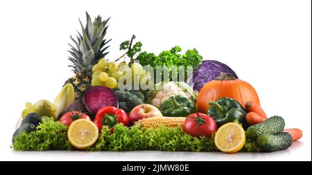 Composition with variety of fresh vegetables and fruits isolated on white Stock Photo