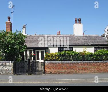 Traditional old fashioned english suburban bungalow painted white with plants and flowers in the garden Stock Photo