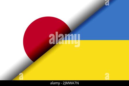 Flags of Japan and Ukraine divided diagonally. 3D rendering Stock Photo