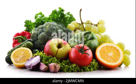 Composition with fresh vegetables and fruits isolated on white background Stock Photo