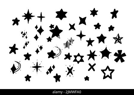 Vector set of stars in doodle style isolated on white background. Glyph vector illustration of hand drawn stars. Stock Photo