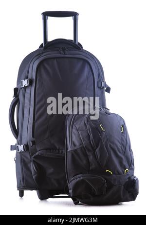 Large black tourist backpack with wheels isolated on white background Stock Photo