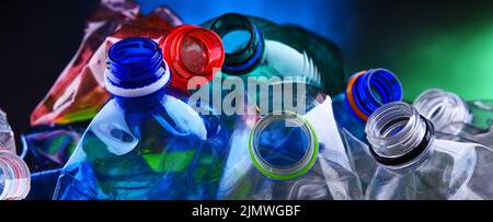 Empty colored carbonated drink bottles. Plastic waste Stock Photo