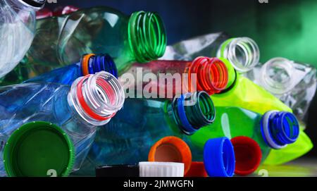 Empty colored carbonated drink bottles. Plastic waste Stock Photo