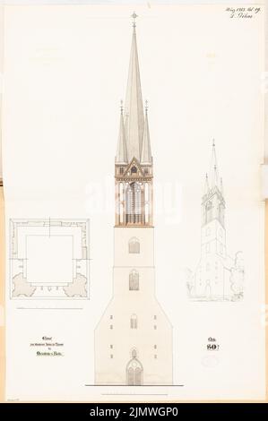 Dimm Ludwig (1849-1928), expansion of the Tower tip of the Marienkirche in Berlin. Monthly competition March 1883 (03.1883): Floor plan on three levels, tort view input view, perspective view; Scale bar. Tusche watercolor on the box, 80.7 x 53.6 cm (including scan edges) Dihm Ludwig  (1849-1928): Ausbau der Turmspitze der Marienkirche, Berlin. Monatskonkurrenz März 1883 Stock Photo