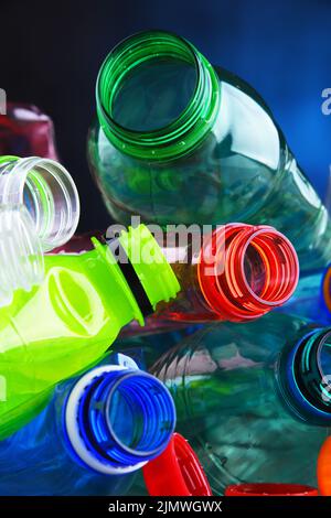 Empty colored carbonated drink bottles. Plastic waste Stock Photo