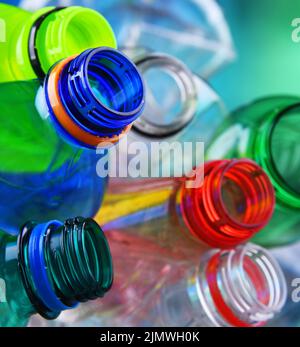 Empty colored carbonated drink bottles. Plastic waste Stock Photo