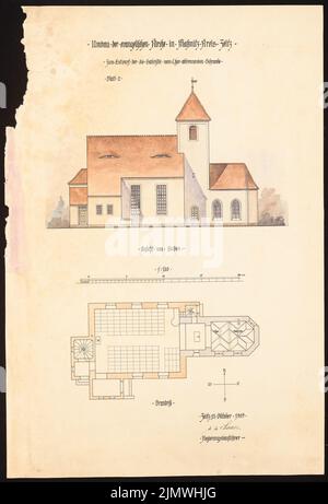 Sauce Eugen de la, Evangelical Church in Maßnitz. Conversion (October 15, 1909): Sacristy separation - choir: View of the church from the south 1: 100, floor plan 1: 100. Tusche watercolor on the box, 63.6 x 43.2 cm (including scan edges) Sauce Eugen de la : Evangelische Kirche, Maßnitz. Umbau Stock Photo