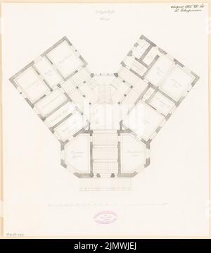 Schupmann Ludwig (1851-1920), City Hall Nauen. Monthly competition August 1885 (08.1885): floor plan ground floor; Scale bar. Pencil watercolor on the box, 41.6 x 36.8 cm (including scan edges) Schupmann Ludwig  (1851-1920): Rathaus, Nauen. Monatskonkurrenz August 1885 Stock Photo