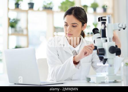 She found something on line that supports her theory. a young scientist using a laptop and microscope in a lab. Stock Photo